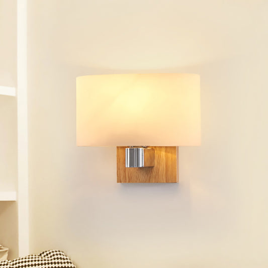 One Bulb Wall Light with Rectangle Shade Opal Glass Nordic Living Room Sconce Lighting Fixture with Wood Clearhalo 'Cast Iron' 'Glass' 'Industrial' 'Modern wall lights' 'Modern' 'Tiffany' 'Traditional wall lights' 'Wall Lamps & Sconces' 'Wall Lights' Lighting' 148217