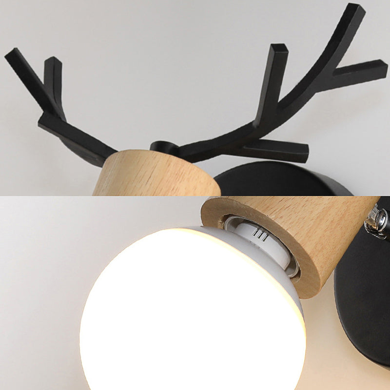 1 Light Bare Bulb Sconce Lamp Modern Style Black/White Finish Metal and Wood Wall Lighting with Deer Horn Clearhalo 'Industrial wall lights' 'Industrial' 'Middle century wall lights' 'Rustic wall lights' 'Tiffany' 'Wall Lamps & Sconces' 'Wall Lights' Lighting' 148262