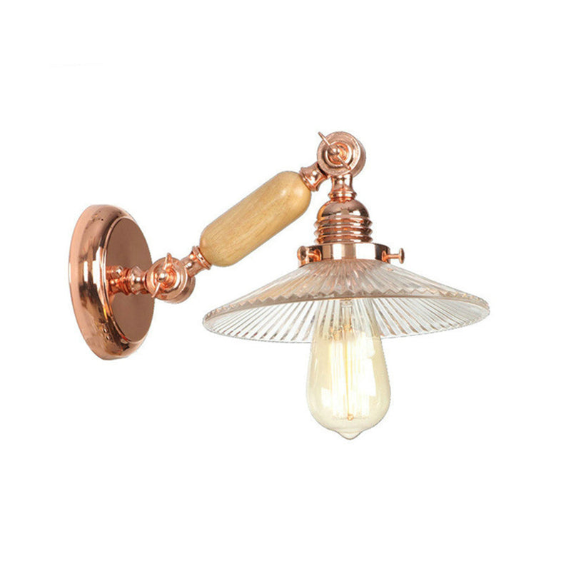 Ribbed Glass Rose Gold Sconce Light Saucer 1-Light Industrial Wall Lamp Fixture for Living Room Clearhalo 'Cast Iron' 'Glass' 'Industrial wall lights' 'Industrial' 'Middle century wall lights' 'Modern' 'Tiffany' 'Traditional wall lights' 'Wall Lamps & Sconces' 'Wall Lights' Lighting' 148269
