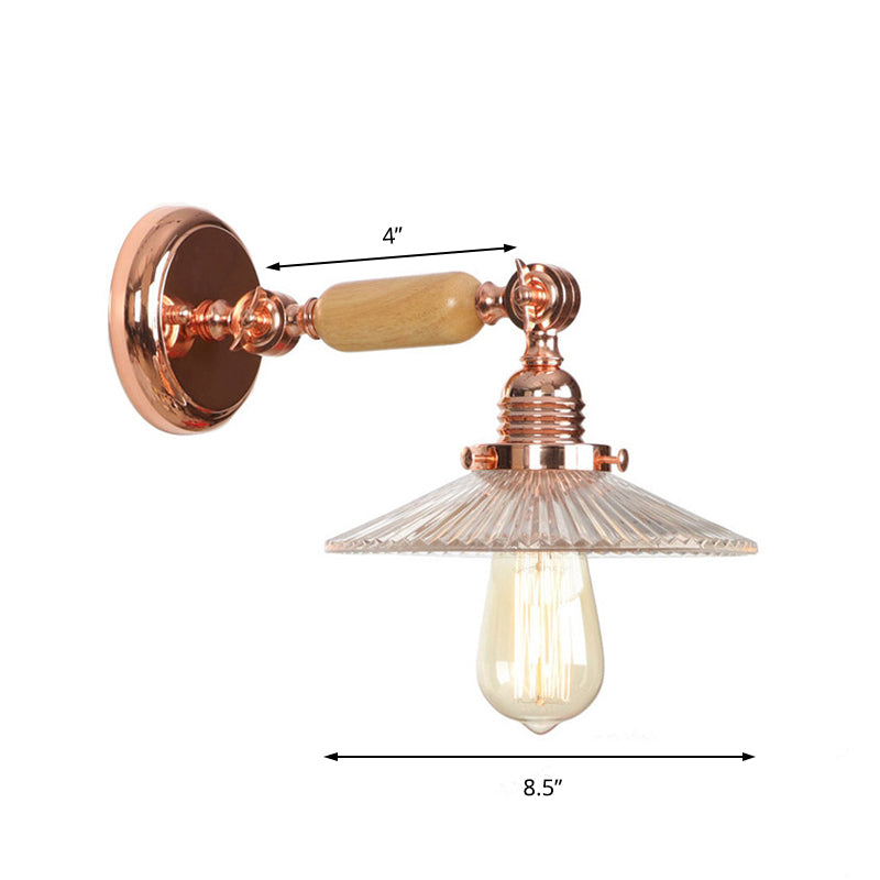 Ribbed Glass Rose Gold Sconce Light Saucer 1-Light Industrial Wall Lamp Fixture for Living Room Clearhalo 'Cast Iron' 'Glass' 'Industrial wall lights' 'Industrial' 'Middle century wall lights' 'Modern' 'Tiffany' 'Traditional wall lights' 'Wall Lamps & Sconces' 'Wall Lights' Lighting' 148270