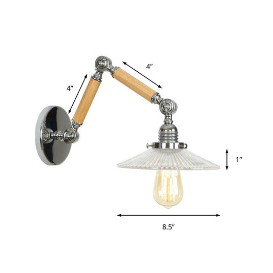 One Bulb Wall Light Saucer Shade Ribbed Glass Vintage Study Room Sconce Lighting Fixture with 8"+8"/6"+6"/8"+4" Extendable Wooden Arm Clearhalo 'Cast Iron' 'Glass' 'Industrial wall lights' 'Industrial' 'Middle century wall lights' 'Modern' 'Tiffany' 'Traditional wall lights' 'Wall Lamps & Sconces' 'Wall Lights' Lighting' 148285