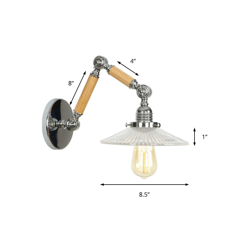 One Bulb Wall Light Saucer Shade Ribbed Glass Vintage Study Room Sconce Lighting Fixture with 8"+8"/6"+6"/8"+4" Extendable Wooden Arm Clearhalo 'Cast Iron' 'Glass' 'Industrial wall lights' 'Industrial' 'Middle century wall lights' 'Modern' 'Tiffany' 'Traditional wall lights' 'Wall Lamps & Sconces' 'Wall Lights' Lighting' 148288