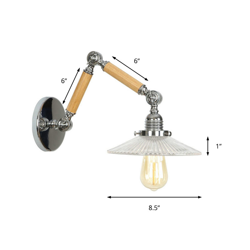 One Bulb Wall Light Saucer Shade Ribbed Glass Vintage Study Room Sconce Lighting Fixture with 8"+8"/6"+6"/8"+4" Extendable Wooden Arm Clearhalo 'Cast Iron' 'Glass' 'Industrial wall lights' 'Industrial' 'Middle century wall lights' 'Modern' 'Tiffany' 'Traditional wall lights' 'Wall Lamps & Sconces' 'Wall Lights' Lighting' 148291