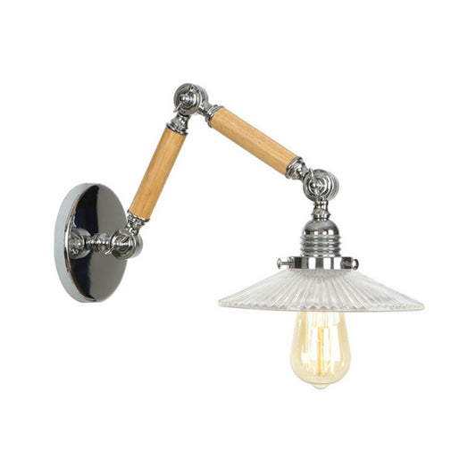 One Bulb Wall Light Saucer Shade Ribbed Glass Vintage Study Room Sconce Lighting Fixture with 8"+8"/6"+6"/8"+4" Extendable Wooden Arm Clearhalo 'Cast Iron' 'Glass' 'Industrial wall lights' 'Industrial' 'Middle century wall lights' 'Modern' 'Tiffany' 'Traditional wall lights' 'Wall Lamps & Sconces' 'Wall Lights' Lighting' 148294