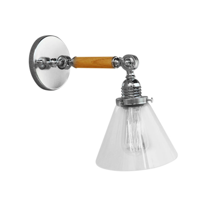 Cone Clear Glass Wall Mounted Lamp Industrial Single Bulb Dining Room Sconce Light, 8"/4"/14" Clearhalo 'Cast Iron' 'Glass' 'Industrial wall lights' 'Industrial' 'Middle century wall lights' 'Modern' 'Tiffany' 'Traditional wall lights' 'Wall Lamps & Sconces' 'Wall Lights' Lighting' 148298