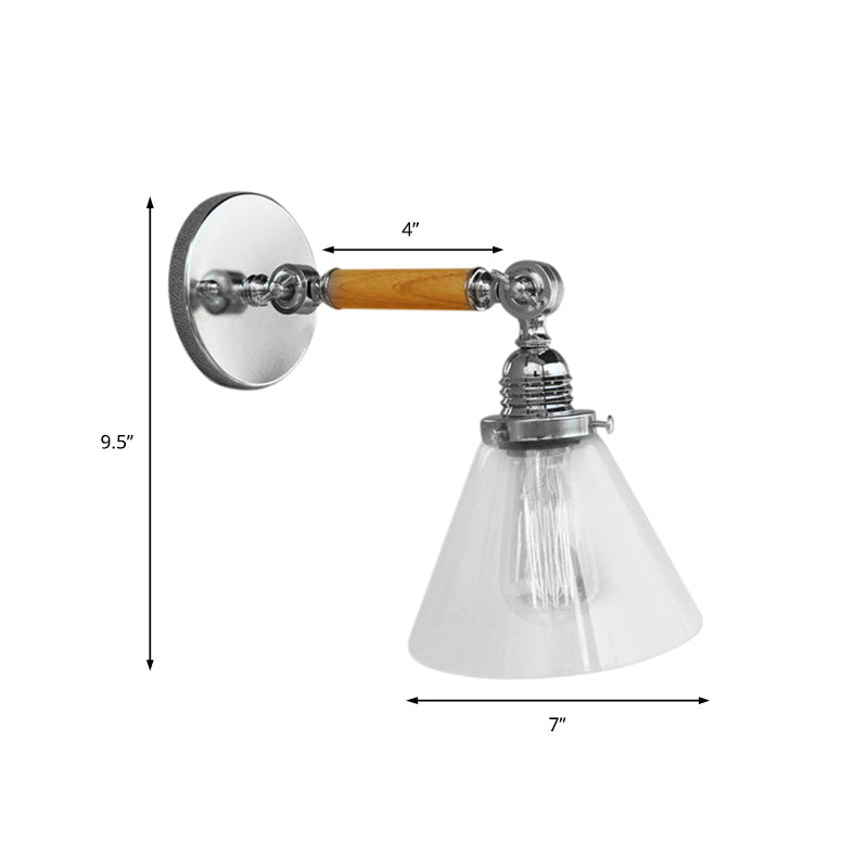 Cone Clear Glass Wall Mounted Lamp Industrial Single Bulb Dining Room Sconce Light, 8"/4"/14" Clearhalo 'Cast Iron' 'Glass' 'Industrial wall lights' 'Industrial' 'Middle century wall lights' 'Modern' 'Tiffany' 'Traditional wall lights' 'Wall Lamps & Sconces' 'Wall Lights' Lighting' 148299