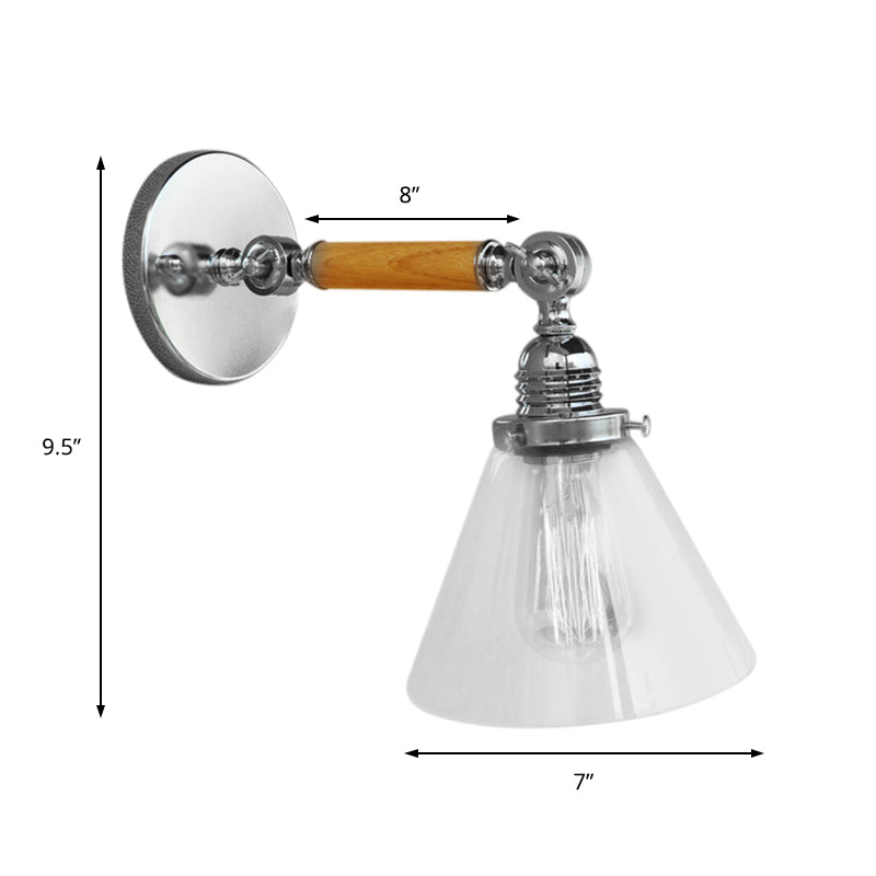 Cone Clear Glass Wall Mounted Lamp Industrial Single Bulb Dining Room Sconce Light, 8"/4"/14" Clearhalo 'Cast Iron' 'Glass' 'Industrial wall lights' 'Industrial' 'Middle century wall lights' 'Modern' 'Tiffany' 'Traditional wall lights' 'Wall Lamps & Sconces' 'Wall Lights' Lighting' 148301