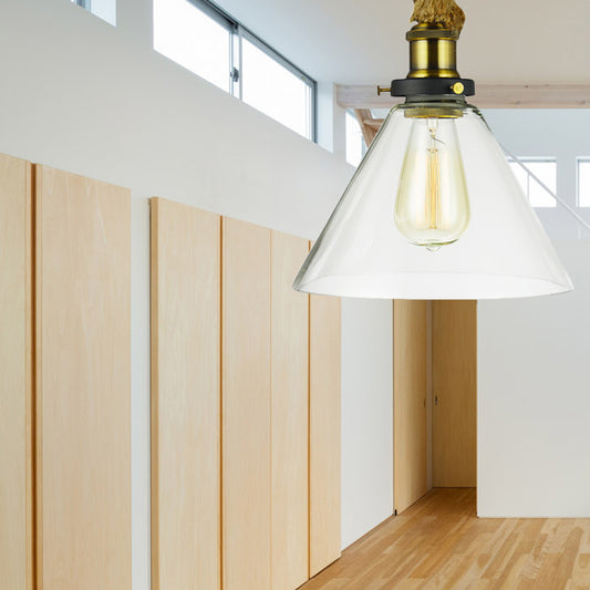 Industrial Style Cone Suspension Light 1 Light Clear Glass Pendant Light with Adjustable Rope in Brass Clearhalo 'Ceiling Lights' 'Close To Ceiling Lights' 'Glass shade' 'Glass' 'Industrial Pendants' 'Industrial' 'Middle Century Pendants' 'Pendant Lights' 'Pendants' 'Tiffany' Lighting' 148395