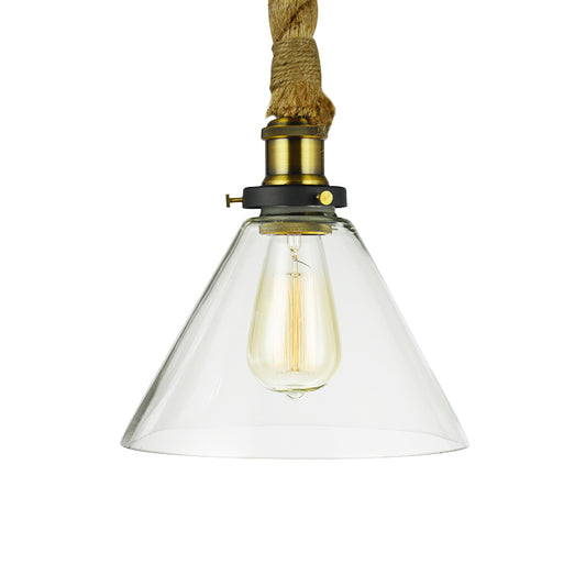 Industrial Style Cone Suspension Light 1 Light Clear Glass Pendant Light with Adjustable Rope in Brass Clearhalo 'Ceiling Lights' 'Close To Ceiling Lights' 'Glass shade' 'Glass' 'Industrial Pendants' 'Industrial' 'Middle Century Pendants' 'Pendant Lights' 'Pendants' 'Tiffany' Lighting' 148396