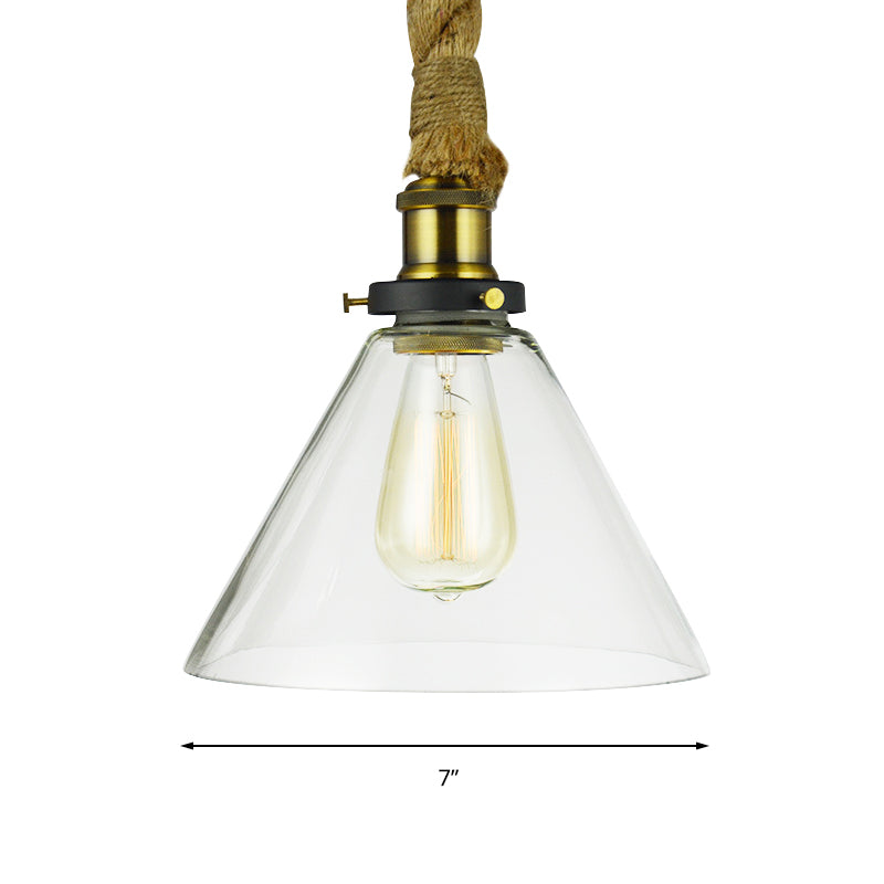 Industrial Style Cone Suspension Light 1 Light Clear Glass Pendant Light with Adjustable Rope in Brass Clearhalo 'Ceiling Lights' 'Close To Ceiling Lights' 'Glass shade' 'Glass' 'Industrial Pendants' 'Industrial' 'Middle Century Pendants' 'Pendant Lights' 'Pendants' 'Tiffany' Lighting' 148397