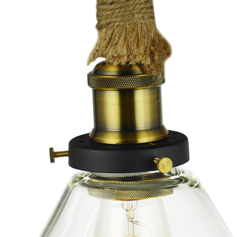 Industrial Style Cone Suspension Light 1 Light Clear Glass Pendant Light with Adjustable Rope in Brass Clearhalo 'Ceiling Lights' 'Close To Ceiling Lights' 'Glass shade' 'Glass' 'Industrial Pendants' 'Industrial' 'Middle Century Pendants' 'Pendant Lights' 'Pendants' 'Tiffany' Lighting' 148399