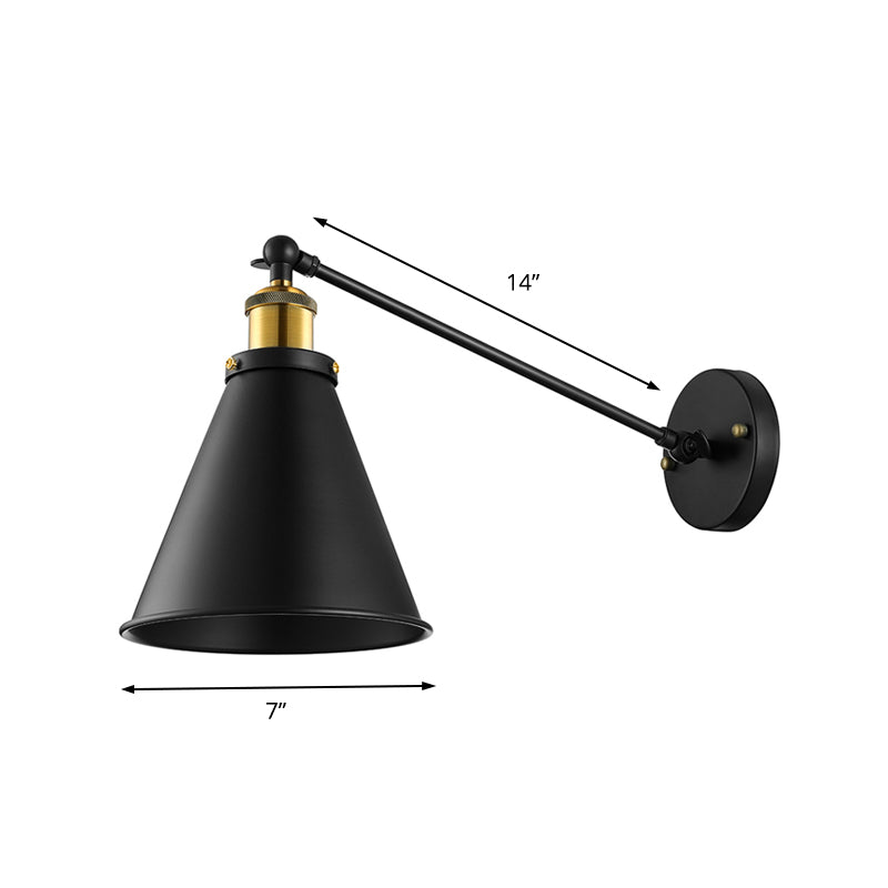 Industrial Conic Shade Sconce Wall Lighting 1 Bulb Metallic Wall Mounted Lamp in Black for Corridor Clearhalo 'Art deco wall lights' 'Cast Iron' 'Glass' 'Industrial wall lights' 'Industrial' 'Middle century wall lights' 'Modern' 'Rustic wall lights' 'Tiffany' 'Traditional wall lights' 'Wall Lamps & Sconces' 'Wall Lights' Lighting' 148421
