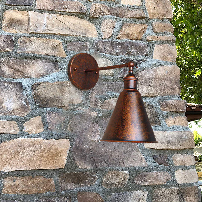 Black/Rust 1 Head Wall Lamp Farmhouse Style Wrought Iron Conical Adjustable Sconce Light Fixture for Outdoor Rust Clearhalo 'Art deco wall lights' 'Cast Iron' 'Glass' 'Industrial wall lights' 'Industrial' 'Middle century wall lights' 'Modern' 'Rustic wall lights' 'Tiffany' 'Traditional wall lights' 'Wall Lamps & Sconces' 'Wall Lights' Lighting' 148599