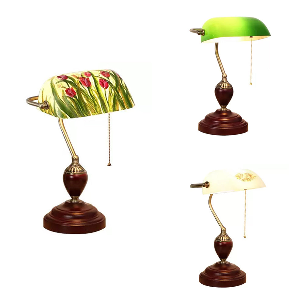 Traditional Style Rollover Shade Banker Lamp 1 Light Green/Red/White Glass Banker Desk Lamp with Pull Chain for Bedroom Clearhalo 'Desk Lamps' 'Lamps' Lighting' 14862