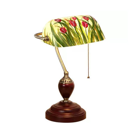 Traditional Style Rollover Shade Banker Lamp 1 Light Green/Red/White Glass Banker Desk Lamp with Pull Chain for Bedroom Clearhalo 'Desk Lamps' 'Lamps' Lighting' 14863