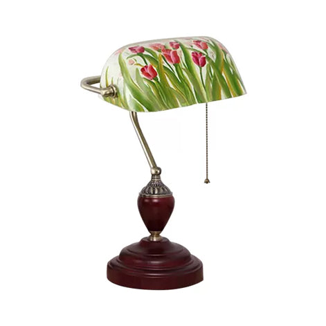 Traditional Style Rollover Shade Banker Lamp 1 Light Green/Red/White Glass Banker Desk Lamp with Pull Chain for Bedroom Clearhalo 'Desk Lamps' 'Lamps' Lighting' 14864