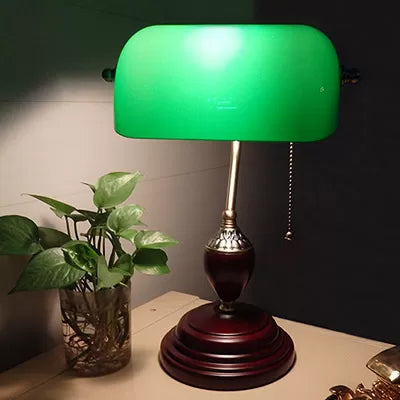 Traditional Style Rollover Shade Banker Lamp 1 Light Green/Red/White Glass Banker Desk Lamp with Pull Chain for Bedroom Green Clearhalo 'Desk Lamps' 'Lamps' Lighting' 14868