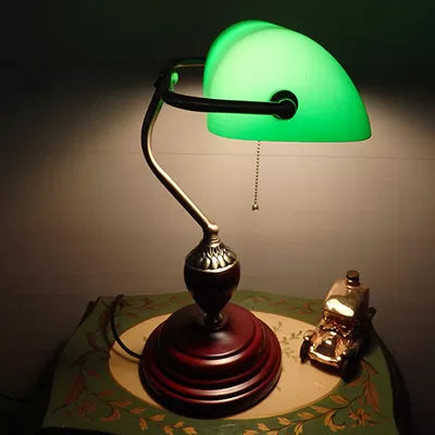 Traditional Style Rollover Shade Banker Lamp 1 Light Green/Red/White Glass Banker Desk Lamp with Pull Chain for Bedroom Clearhalo 'Desk Lamps' 'Lamps' Lighting' 14869