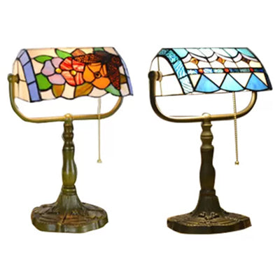 Blue/Orange 1 Light Table Lamp Tiffany Stylish Stainless Glass Rollover Shade Bankers Table Lamp with Pull Chain Clearhalo 'Desk Lamps' 'Lamps' Lighting' 14879