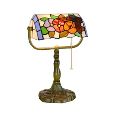 Blue/Orange 1 Light Table Lamp Tiffany Stylish Stainless Glass Rollover Shade Bankers Table Lamp with Pull Chain Clearhalo 'Desk Lamps' 'Lamps' Lighting' 14880