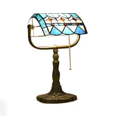 Blue/Orange 1 Light Table Lamp Tiffany Stylish Stainless Glass Rollover Shade Bankers Table Lamp with Pull Chain Blue Clearhalo 'Desk Lamps' 'Lamps' Lighting' 14882