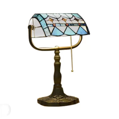 Blue/Orange 1 Light Table Lamp Tiffany Stylish Stainless Glass Rollover Shade Bankers Table Lamp with Pull Chain Clearhalo 'Desk Lamps' 'Lamps' Lighting' 14883