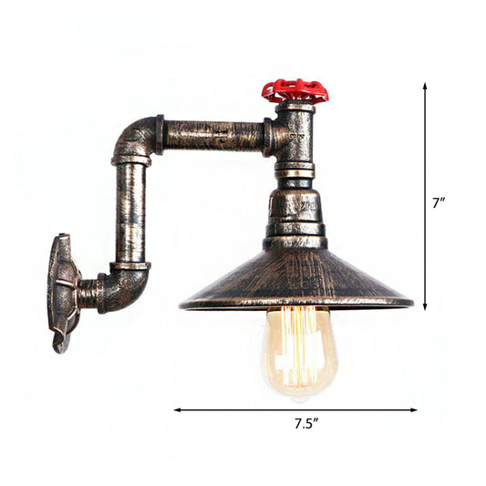 Wrought Iron Water Pipe Wall Lamp with Saucer Shade Retro Vintage 1 Light Balcony Wall Sconce Lighting in Aged Bronze Clearhalo 'Art deco wall lights' 'Cast Iron' 'Glass' 'Industrial wall lights' 'Industrial' 'Middle century wall lights' 'Modern' 'Rustic wall lights' 'Tiffany' 'Traditional wall lights' 'Wall Lamps & Sconces' 'Wall Lights' Lighting' 148838