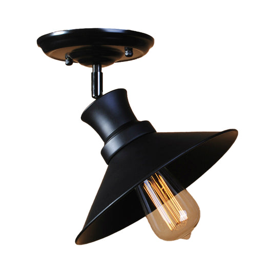 1 Bulb Flared Semi Flush Light Industrial Style Black Finish Metal Rotatable Ceiling Light Fixture for Bar Clearhalo 'Ceiling Lights' 'Close To Ceiling Lights' 'Close to ceiling' 'Semi-flushmount' Lighting' 148974