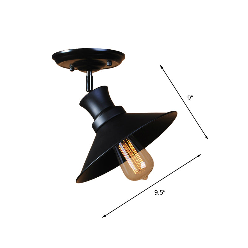 1 Bulb Flared Semi Flush Light Industrial Style Black Finish Metal Rotatable Ceiling Light Fixture for Bar Clearhalo 'Ceiling Lights' 'Close To Ceiling Lights' 'Close to ceiling' 'Semi-flushmount' Lighting' 148975