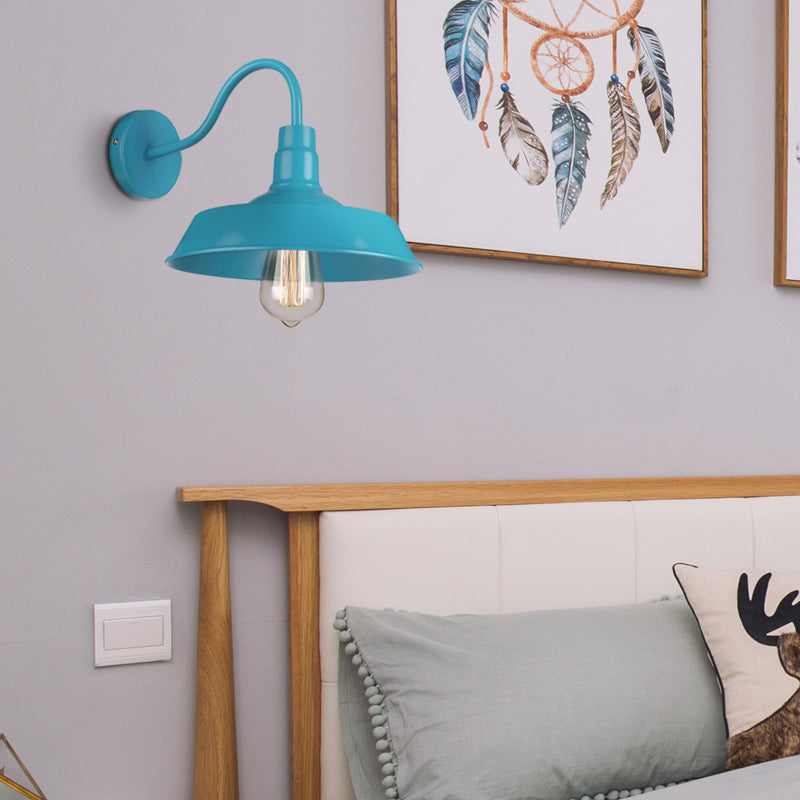 Industrial Stylish Barn Wall Sconce Lamp 1 Bulb Metallic Sconce Wall Lighting with Gooseneck Arm in Blue/Pink, 10"/14" Wide Blue Clearhalo 'Art deco wall lights' 'Cast Iron' 'Glass' 'Industrial wall lights' 'Industrial' 'Middle century wall lights' 'Modern' 'Rustic wall lights' 'Tiffany' 'Traditional wall lights' 'Wall Lamps & Sconces' 'Wall Lights' Lighting' 148997