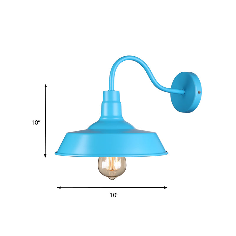 Industrial Stylish Barn Wall Sconce Lamp 1 Bulb Metallic Sconce Wall Lighting with Gooseneck Arm in Blue/Pink, 10"/14" Wide Clearhalo 'Art deco wall lights' 'Cast Iron' 'Glass' 'Industrial wall lights' 'Industrial' 'Middle century wall lights' 'Modern' 'Rustic wall lights' 'Tiffany' 'Traditional wall lights' 'Wall Lamps & Sconces' 'Wall Lights' Lighting' 149000