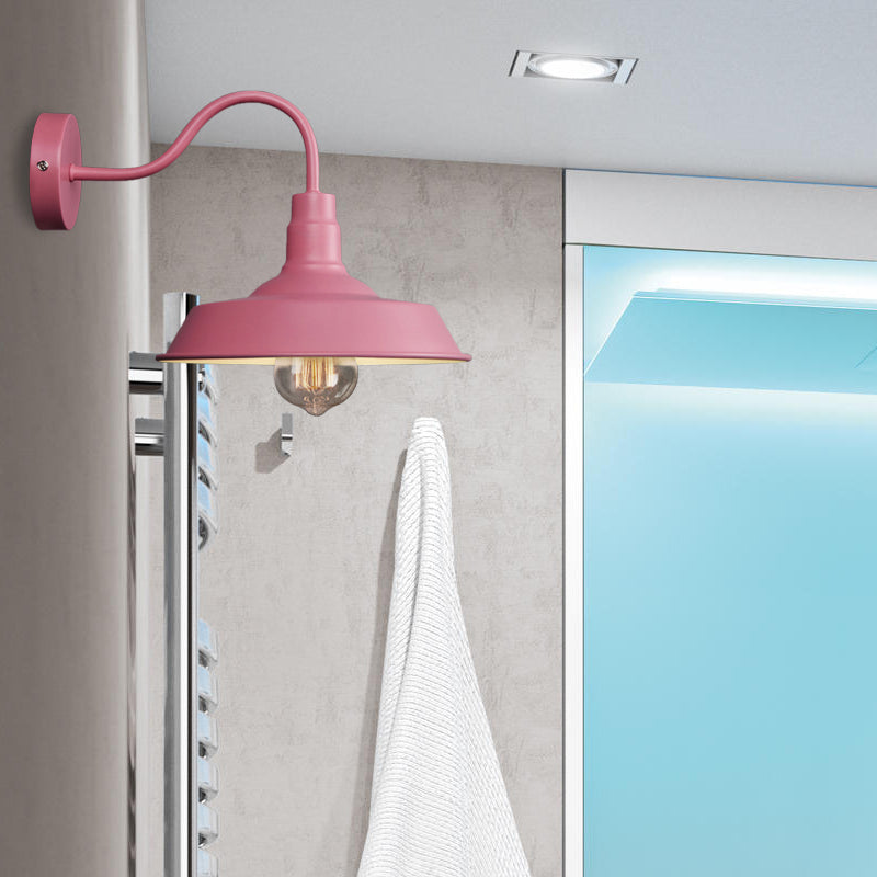 Industrial Stylish Barn Wall Sconce Lamp 1 Bulb Metallic Sconce Wall Lighting with Gooseneck Arm in Blue/Pink, 10"/14" Wide Pink Clearhalo 'Art deco wall lights' 'Cast Iron' 'Glass' 'Industrial wall lights' 'Industrial' 'Middle century wall lights' 'Modern' 'Rustic wall lights' 'Tiffany' 'Traditional wall lights' 'Wall Lamps & Sconces' 'Wall Lights' Lighting' 149005