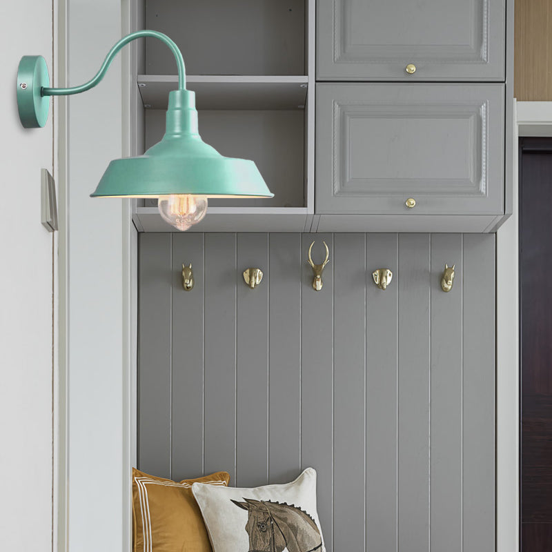 Industrial Stylish Barn Wall Sconce Lamp 1 Bulb Metallic Sconce Wall Lighting with Gooseneck Arm in Blue/Pink, 10"/14" Wide Green Clearhalo 'Art deco wall lights' 'Cast Iron' 'Glass' 'Industrial wall lights' 'Industrial' 'Middle century wall lights' 'Modern' 'Rustic wall lights' 'Tiffany' 'Traditional wall lights' 'Wall Lamps & Sconces' 'Wall Lights' Lighting' 149007