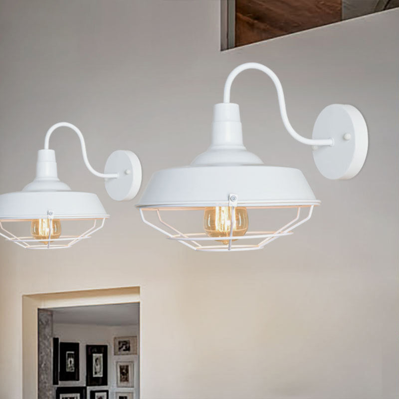 10"/14" W 1 Head Caged Sconce Light with Barn Shade and Gooseneck Arm Iron Restaurant Wall Mount Light in Black/White White Clearhalo 'Art deco wall lights' 'Cast Iron' 'Glass' 'Industrial wall lights' 'Industrial' 'Middle century wall lights' 'Modern' 'Rustic wall lights' 'Tiffany' 'Traditional wall lights' 'Wall Lamps & Sconces' 'Wall Lights' Lighting' 149031