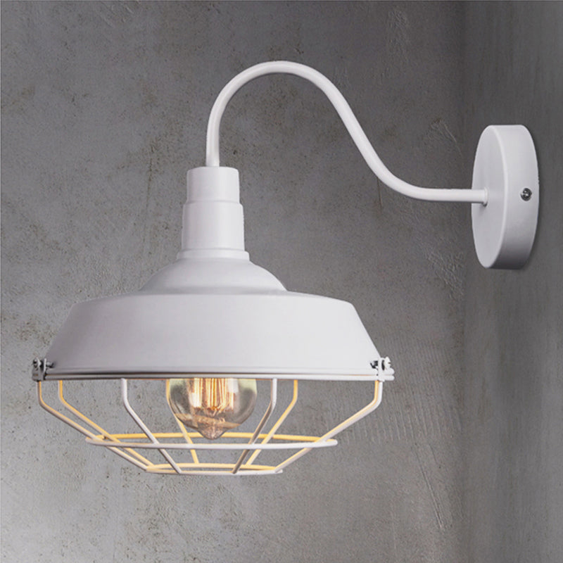 10"/14" W 1 Head Caged Sconce Light with Barn Shade and Gooseneck Arm Iron Restaurant Wall Mount Light in Black/White Clearhalo 'Art deco wall lights' 'Cast Iron' 'Glass' 'Industrial wall lights' 'Industrial' 'Middle century wall lights' 'Modern' 'Rustic wall lights' 'Tiffany' 'Traditional wall lights' 'Wall Lamps & Sconces' 'Wall Lights' Lighting' 149032