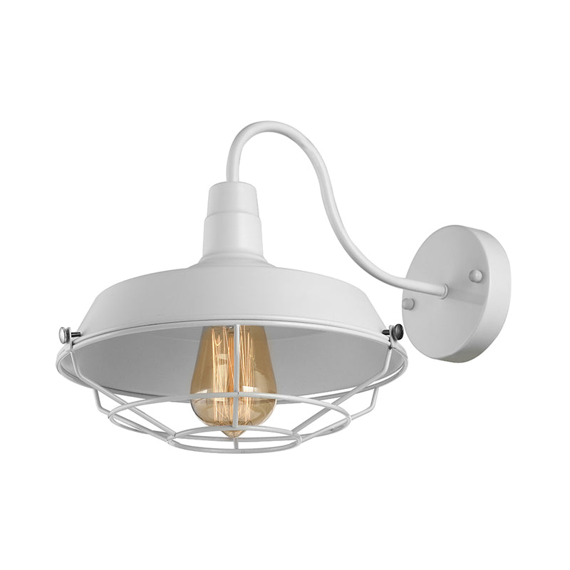 10"/14" W 1 Head Caged Sconce Light with Barn Shade and Gooseneck Arm Iron Restaurant Wall Mount Light in Black/White Clearhalo 'Art deco wall lights' 'Cast Iron' 'Glass' 'Industrial wall lights' 'Industrial' 'Middle century wall lights' 'Modern' 'Rustic wall lights' 'Tiffany' 'Traditional wall lights' 'Wall Lamps & Sconces' 'Wall Lights' Lighting' 149033