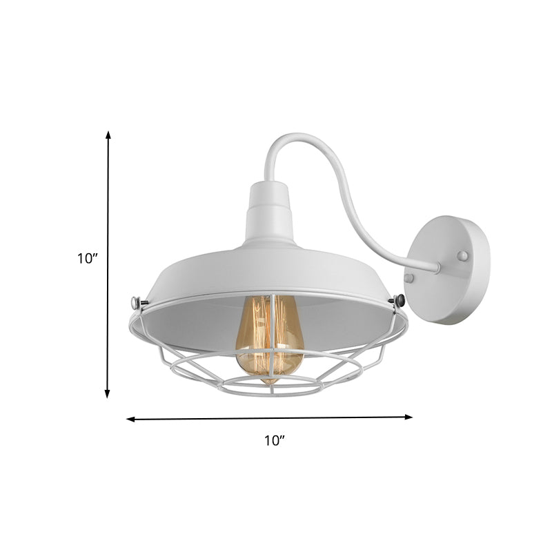 10"/14" W 1 Head Caged Sconce Light with Barn Shade and Gooseneck Arm Iron Restaurant Wall Mount Light in Black/White Clearhalo 'Art deco wall lights' 'Cast Iron' 'Glass' 'Industrial wall lights' 'Industrial' 'Middle century wall lights' 'Modern' 'Rustic wall lights' 'Tiffany' 'Traditional wall lights' 'Wall Lamps & Sconces' 'Wall Lights' Lighting' 149034