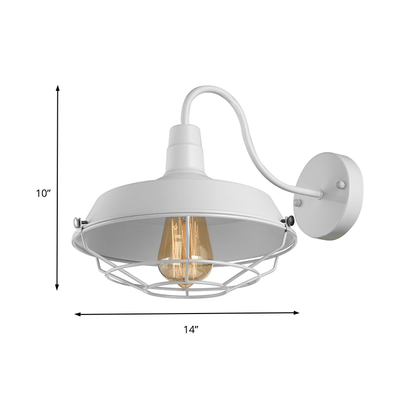 10"/14" W 1 Head Caged Sconce Light with Barn Shade and Gooseneck Arm Iron Restaurant Wall Mount Light in Black/White Clearhalo 'Art deco wall lights' 'Cast Iron' 'Glass' 'Industrial wall lights' 'Industrial' 'Middle century wall lights' 'Modern' 'Rustic wall lights' 'Tiffany' 'Traditional wall lights' 'Wall Lamps & Sconces' 'Wall Lights' Lighting' 149035