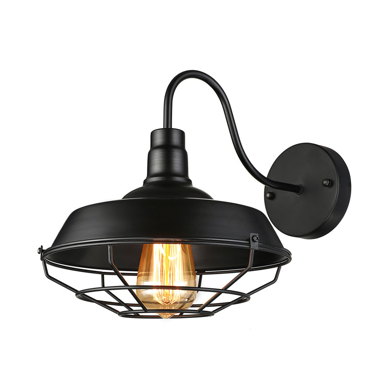 10"/14" W 1 Head Caged Sconce Light with Barn Shade and Gooseneck Arm Iron Restaurant Wall Mount Light in Black/White Clearhalo 'Art deco wall lights' 'Cast Iron' 'Glass' 'Industrial wall lights' 'Industrial' 'Middle century wall lights' 'Modern' 'Rustic wall lights' 'Tiffany' 'Traditional wall lights' 'Wall Lamps & Sconces' 'Wall Lights' Lighting' 149039