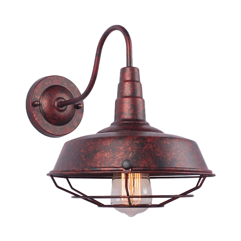 10"/14" W 1 Head Caged Sconce Light with Barn Shade and Gooseneck Arm Iron Restaurant Wall Mount Light in Black/White Clearhalo 'Art deco wall lights' 'Cast Iron' 'Glass' 'Industrial wall lights' 'Industrial' 'Middle century wall lights' 'Modern' 'Rustic wall lights' 'Tiffany' 'Traditional wall lights' 'Wall Lamps & Sconces' 'Wall Lights' Lighting' 149044