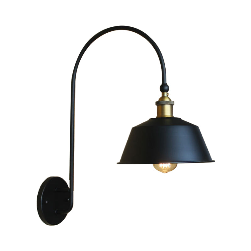 Retro Style Barn/Tapered Shade Wall Light 10"/14" W 1 Light Metallic Sconce Lighting with Arched Arm in Black Clearhalo 'Art deco wall lights' 'Cast Iron' 'Glass' 'Industrial wall lights' 'Industrial' 'Middle century wall lights' 'Modern' 'Rustic wall lights' 'Tiffany' 'Traditional wall lights' 'Wall Lamps & Sconces' 'Wall Lights' Lighting' 149068