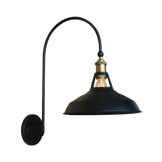 Retro Style Barn/Tapered Shade Wall Light 10"/14" W 1 Light Metallic Sconce Lighting with Arched Arm in Black Clearhalo 'Art deco wall lights' 'Cast Iron' 'Glass' 'Industrial wall lights' 'Industrial' 'Middle century wall lights' 'Modern' 'Rustic wall lights' 'Tiffany' 'Traditional wall lights' 'Wall Lamps & Sconces' 'Wall Lights' Lighting' 149072