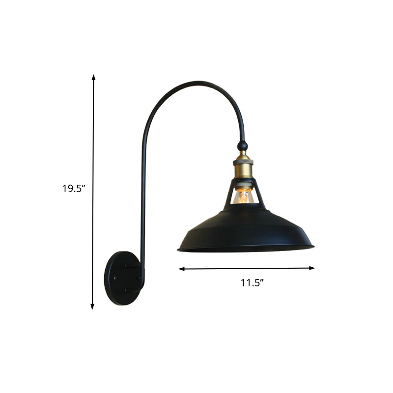 Retro Style Barn/Tapered Shade Wall Light 10"/14" W 1 Light Metallic Sconce Lighting with Arched Arm in Black Clearhalo 'Art deco wall lights' 'Cast Iron' 'Glass' 'Industrial wall lights' 'Industrial' 'Middle century wall lights' 'Modern' 'Rustic wall lights' 'Tiffany' 'Traditional wall lights' 'Wall Lamps & Sconces' 'Wall Lights' Lighting' 149073