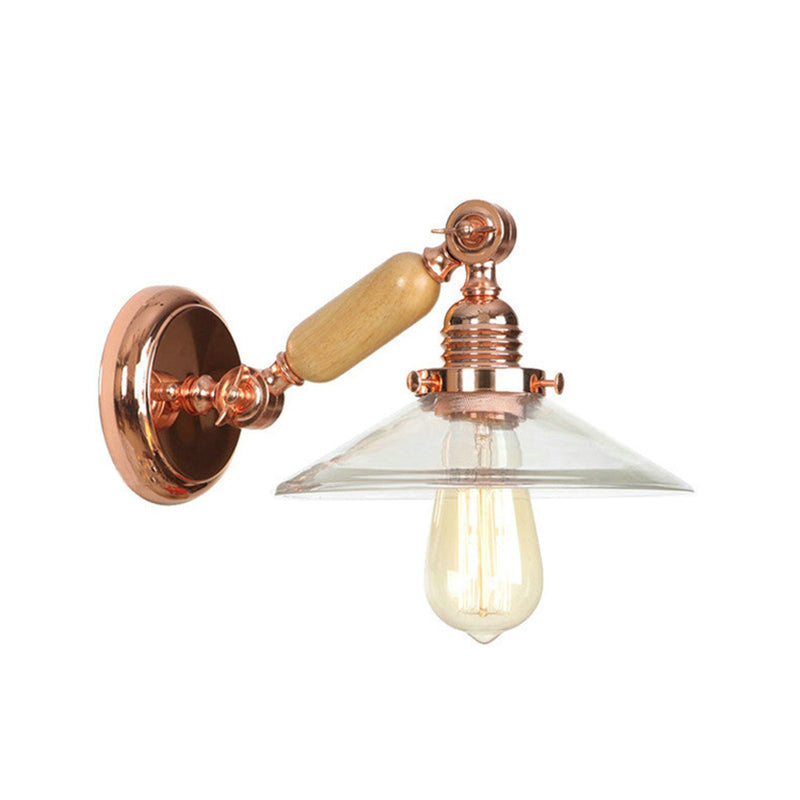 1 Light Clear Glass Wall Sconce Light Rustic Rose Gold Cone Living Room Lighting Fixture with Rotatable Arm Clearhalo 'Cast Iron' 'Glass' 'Industrial wall lights' 'Industrial' 'Middle century wall lights' 'Modern' 'Tiffany' 'Traditional wall lights' 'Wall Lamps & Sconces' 'Wall Lights' Lighting' 149078