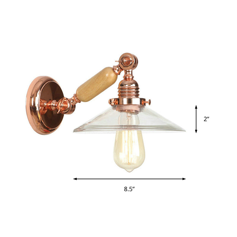 1 Light Clear Glass Wall Sconce Light Rustic Rose Gold Cone Living Room Lighting Fixture with Rotatable Arm Clearhalo 'Cast Iron' 'Glass' 'Industrial wall lights' 'Industrial' 'Middle century wall lights' 'Modern' 'Tiffany' 'Traditional wall lights' 'Wall Lamps & Sconces' 'Wall Lights' Lighting' 149079