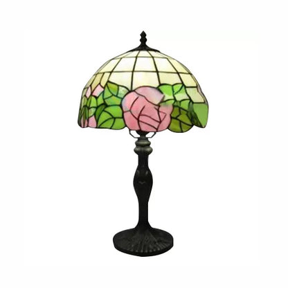 12"/16" Inch Pink Rose Tiffany Table Light Stained Glass 1 Light Standing Table Light in Bronze/Black Black 12" Clearhalo 'Lamps' 'Table Lamps' Lighting' 14966