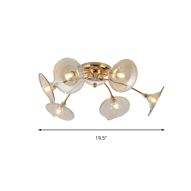 6 Lights Dining Room Semi Flush Mount Lamp with Trumpet Glass Shade Nordic Gold Ceiling Light Fixture Clearhalo 'Ceiling Lights' 'Close To Ceiling Lights' 'Close to ceiling' 'Glass shade' 'Glass' 'Pendant Lights' 'Semi-flushmount' Lighting' 149901