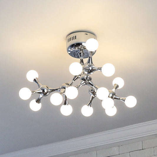 Branch Ceiling Mount Chandelier Nordic Metal 15 Bare Bulbs Silver Semi Flush Mount Light for Living Room Clearhalo 'Ceiling Lights' 'Close To Ceiling Lights' 'Close to ceiling' 'Glass shade' 'Glass' 'Pendant Lights' 'Semi-flushmount' Lighting' 149903