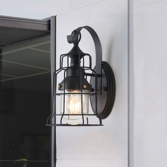 1 Light Bell Shade Sconce Light Industrial Black Seedy Glass Wall Lamp for Corridor with Metal Cage Frame Clearhalo 'Art deco wall lights' 'Cast Iron' 'Glass' 'Industrial wall lights' 'Industrial' 'Middle century wall lights' 'Modern' 'Rustic wall lights' 'Tiffany' 'Traditional wall lights' 'Wall Lamps & Sconces' 'Wall Lights' Lighting' 149921