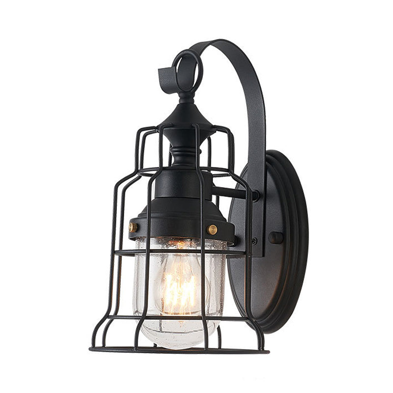 1 Light Bell Shade Sconce Light Industrial Black Seedy Glass Wall Lamp for Corridor with Metal Cage Frame Clearhalo 'Art deco wall lights' 'Cast Iron' 'Glass' 'Industrial wall lights' 'Industrial' 'Middle century wall lights' 'Modern' 'Rustic wall lights' 'Tiffany' 'Traditional wall lights' 'Wall Lamps & Sconces' 'Wall Lights' Lighting' 149922